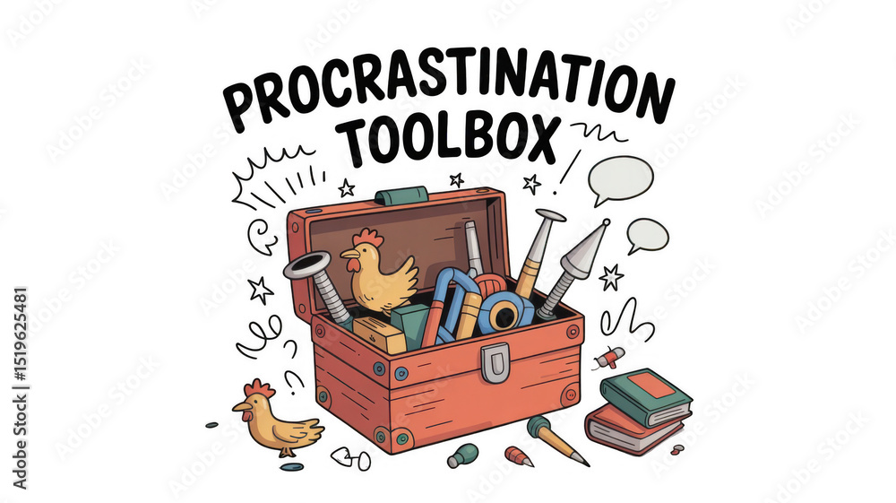 Poster procrastination toolbox filled with toys and stationery items illustrates avoiding tasks and respons