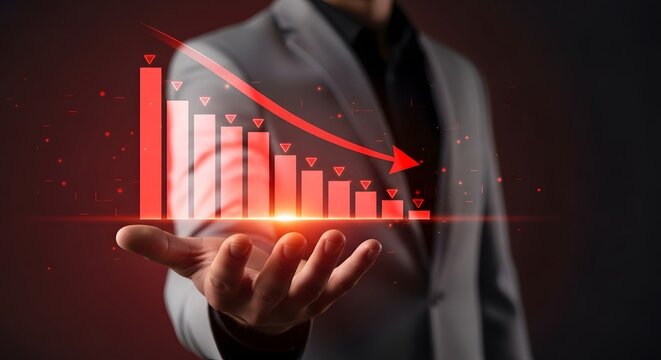 Businessman displays declining financial graph showing market downturn economic crisis recession fall