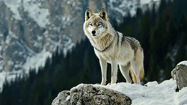 Majestic wolf standing on snow-covered rocks, overlooking a winter mountain range