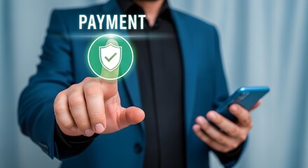 Secure Online Payment System Man in Suit Using Mobile Phone for Transaction