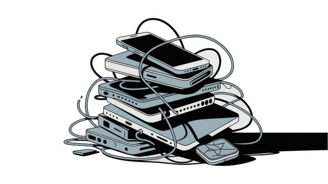 Messy pile of outdated electronic devices like mobile phones and hard drives tangled with various wires, illustrating e waste and technological obsolescence