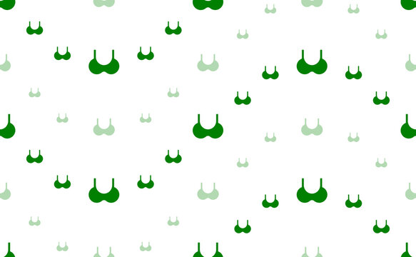 Seamless pattern of large and small green bra symbols. The elements are arranged in a wavy. Illustration on light green background