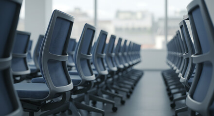 Obraz premium Rows of empty blue office chairs in a conference room with a large window. A concept for business meetings, seminars, corporate events, or hiring. 