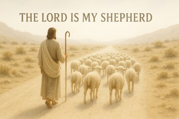 Biblical shepherd leading a flock of sheep through desert landscape with text The Lord is my shepherd. Symbol of Jesus as the Good Shepherd, guidance, faith, and spiritual protection