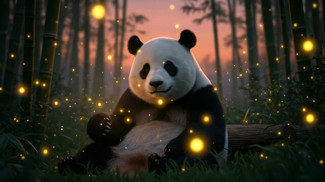 Panda in firefly forest sunset