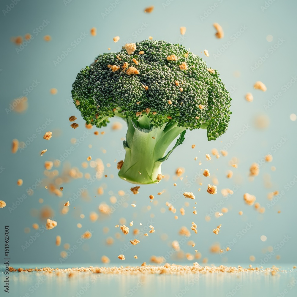 Poster stunning macro shot of single broccoli floret surrounded by floating crumbs, creating dynamic and vi