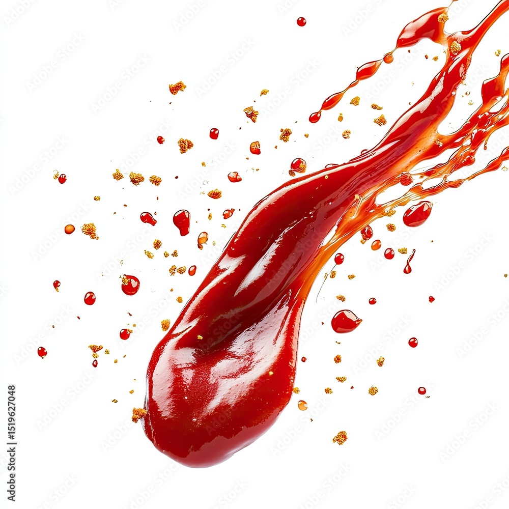 Poster bold macro image of ketchup squirt midair with tiny droplets and splashes creating dynamic and vibra