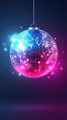 Obraz premium Disco ball glowing with blue and pink lights, sparkling in dark background, creating vibrant and festive atmosphere