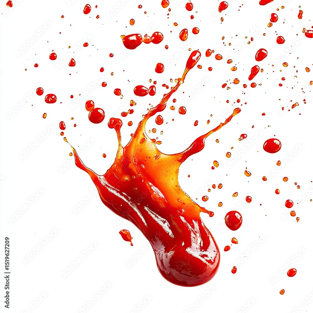 Poster bold macro image of ketchup squirt midair, creating dynamic splash with droplets surrounding it, evo