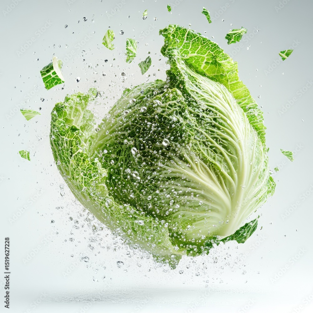 Poster cabbage fragment exploding midair with crisp macro details, showcasing vibrant green colors and wate
