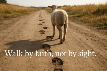 Lamb walking along a dirt road following human footprints, with text Walk by faith, not by sight. Spiritual concept of trust, guidance, discipleship, and following the unseen path