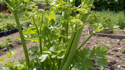 Fototapeta premium Fresh celery seed stalk growing in garden