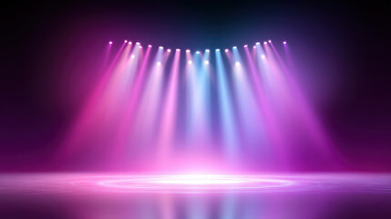 Colorful stage lights create vibrant and dynamic atmosphere with pink and blue beams shining on reflective floor, evoking excitement and energy