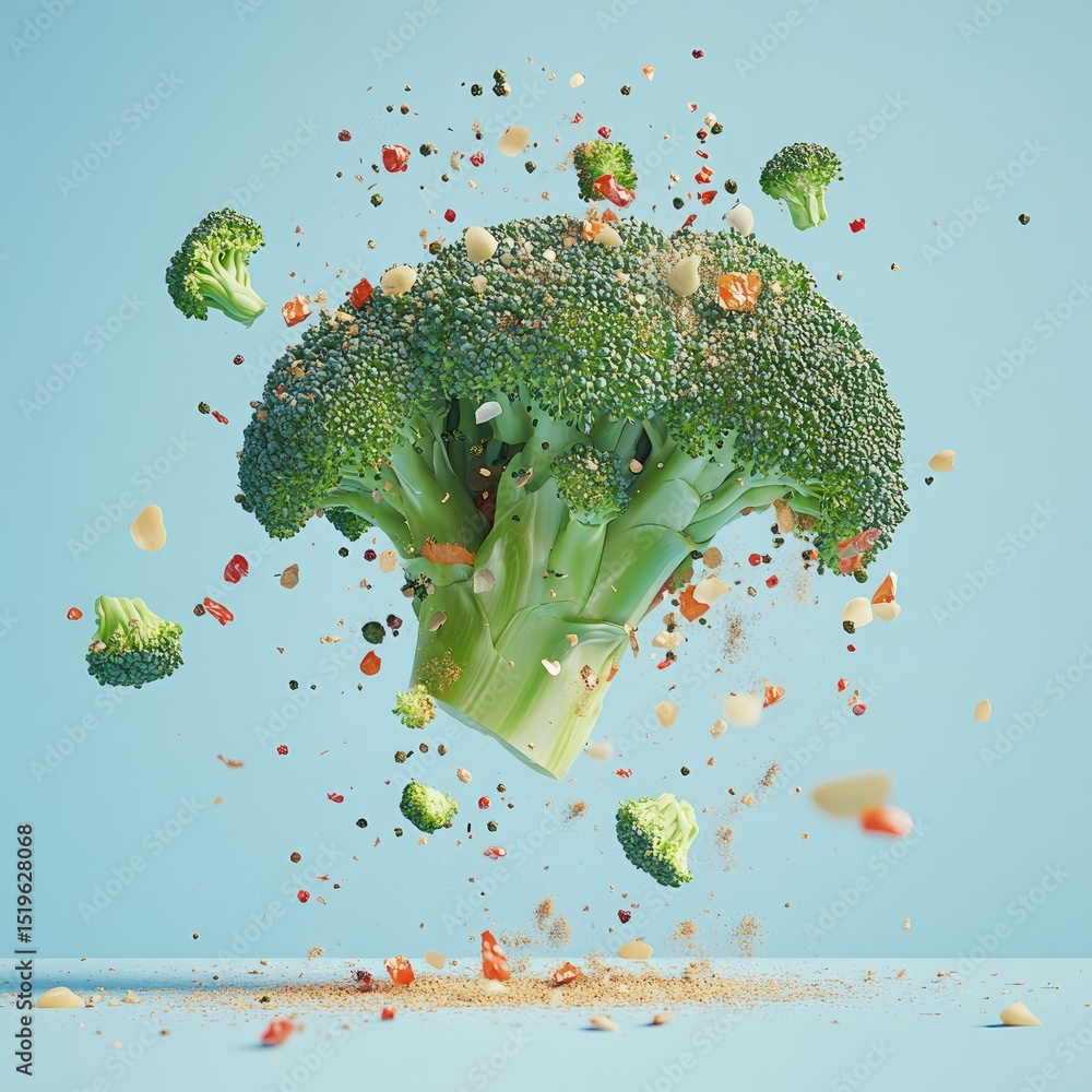 Poster dynamic shot of broccoli leaping upward with colorful pepper flakes and spices surrounding it, creat