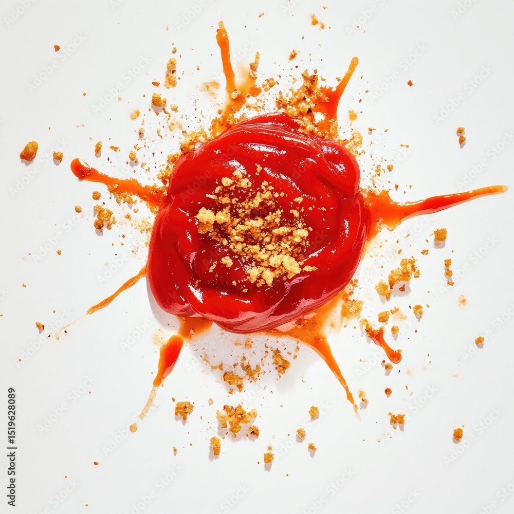 Poster dynamic aerial shot of ketchup blob exploding with crumbs scattered around, creating vibrant and mes