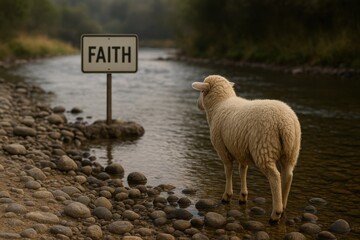Lamb stands at river edge looking at a FAITH sign across the water. Powerful symbol of spiritual trial, crossing through difficulty, and faith as the only way forward