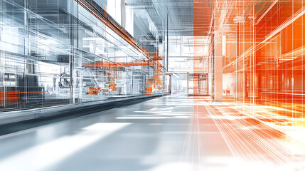 Obraz premium A large industrial building with a long hallway and a lot of pipes 