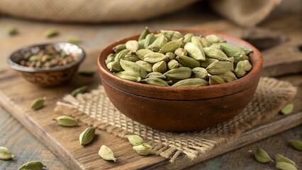 Bowl full of whole green cardamom pods on rustic table