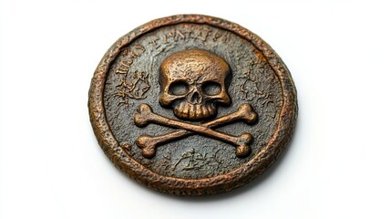 Round, bronze-toned metal disc; skull and crossbones design (1)