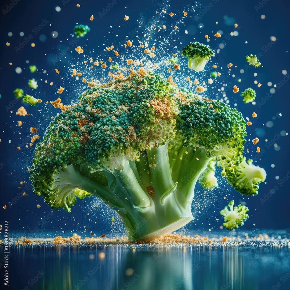 Poster exploding broccoli floret in crisp macro detail, showcasing vibrant green colors and dynamic texture