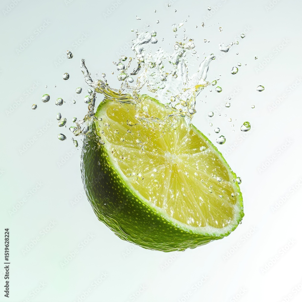 Poster fresh lime slice splashing in water, creating dynamic droplets that capture essence of freshness and
