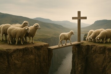 Sheep crossing a wooden cross shaped bridge over a canyon toward other sheep and a cross. Symbol of Jesus as the only way to salvation, faith over fear, and spiritual courage