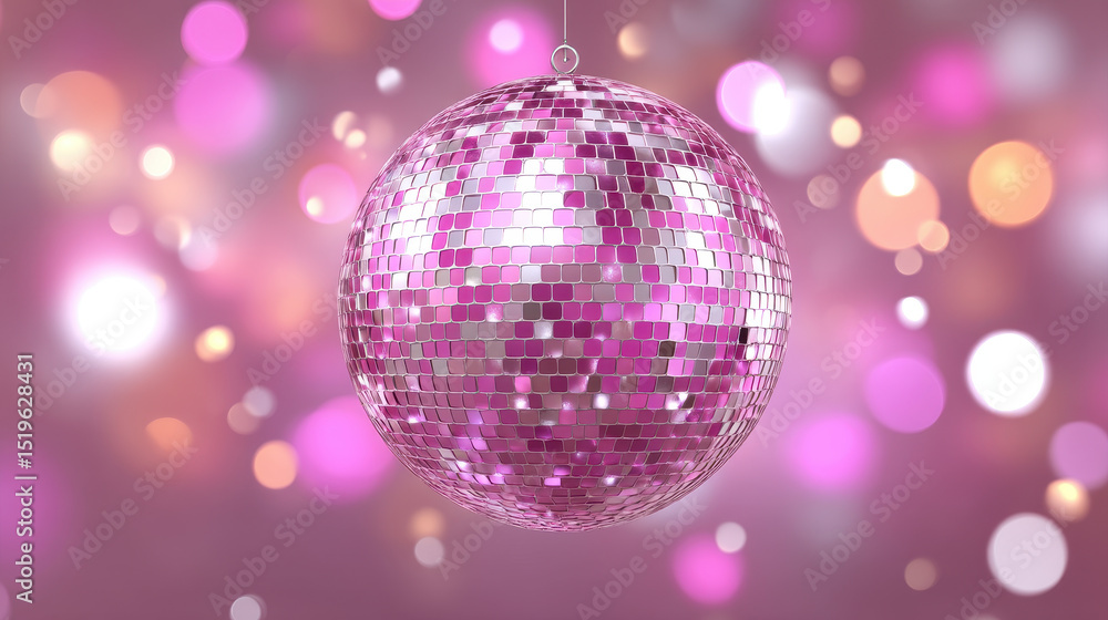 Poster glowing disco ball with pink and purple mirrored tiles surrounded by sparkling bokeh lights creating