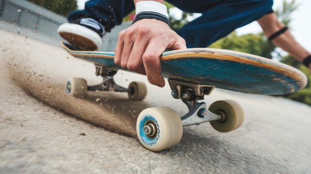 Close-up of a skateboarder performing a trick.