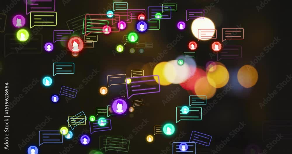 Poster chat bubbles, avatars drifting from edges then pulsing rotating fading visualizing message network