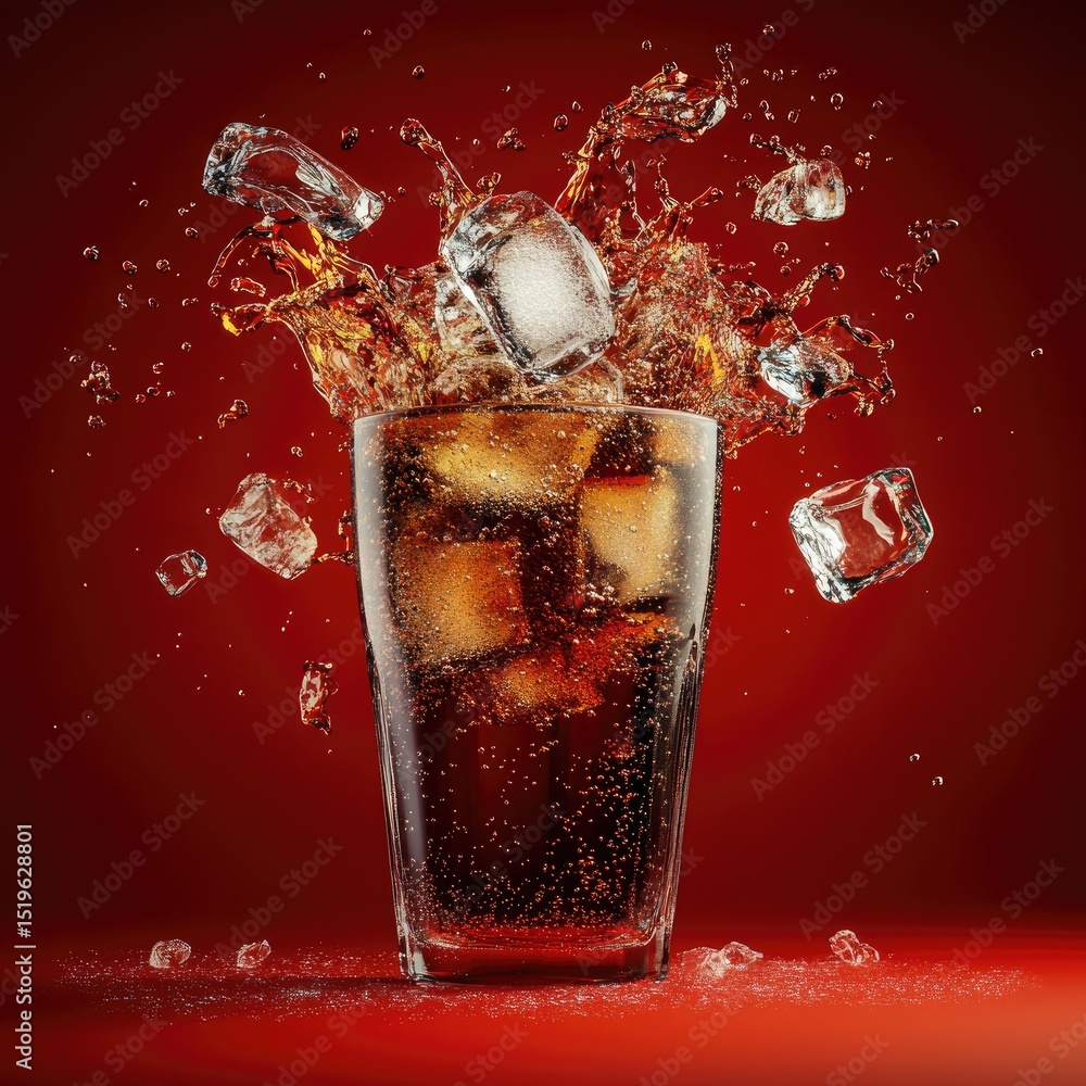 Poster glass of soda explodes in midair, sending ice cubes and liquid flying, creating dynamic and refreshi