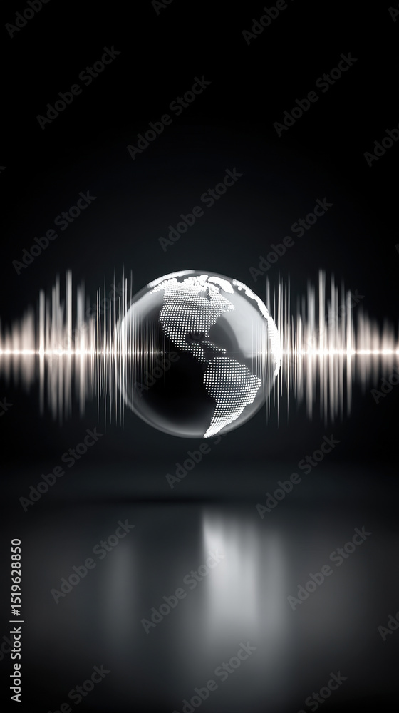 Poster digital globe with sound wave lines in dark background, futuristic technology concept with glowing l