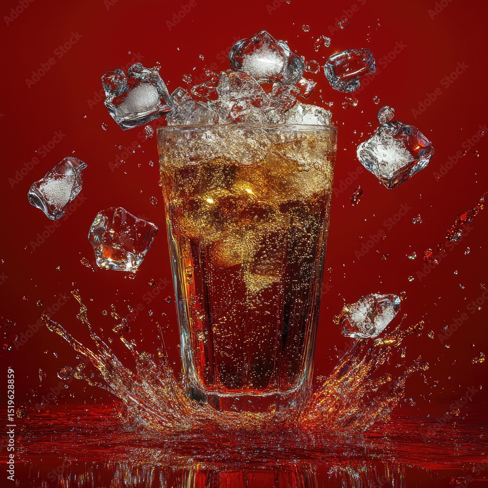 Poster glass of soda explodes in midair, sending ice cubes and liquid flying, creating dynamic and refreshi