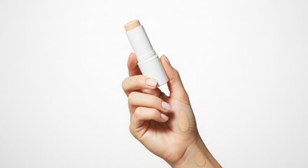 Woman's Hand Holding Beige Foundation Stick Against White Background