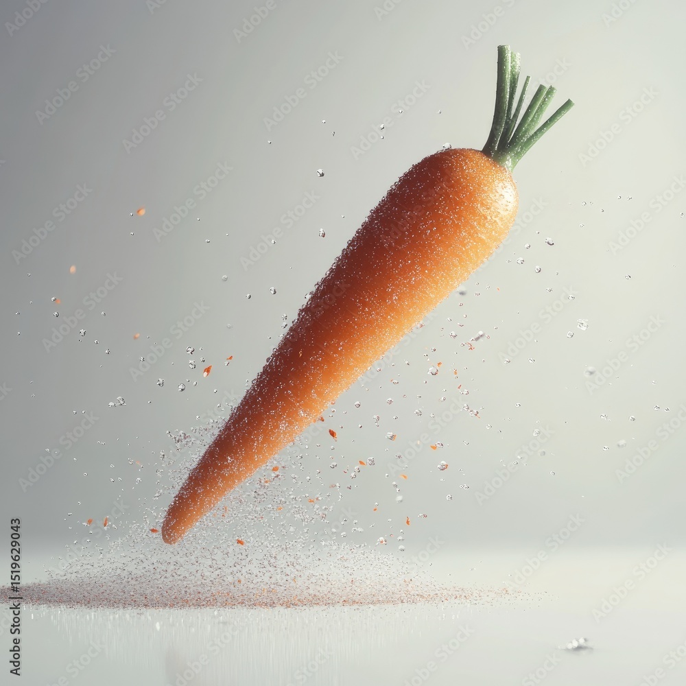 Poster hyperrealistic flying carrot slice is captured mid motion, surrounded by droplets of water, creating