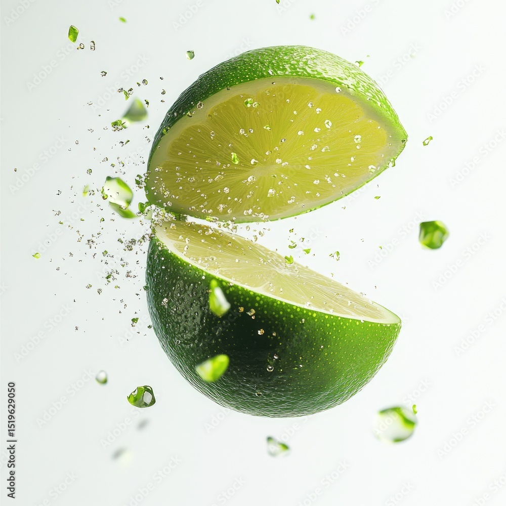 Poster hyperrealistic closeup of lime levitating, showcasing its vibrant green color and juicy interior, su