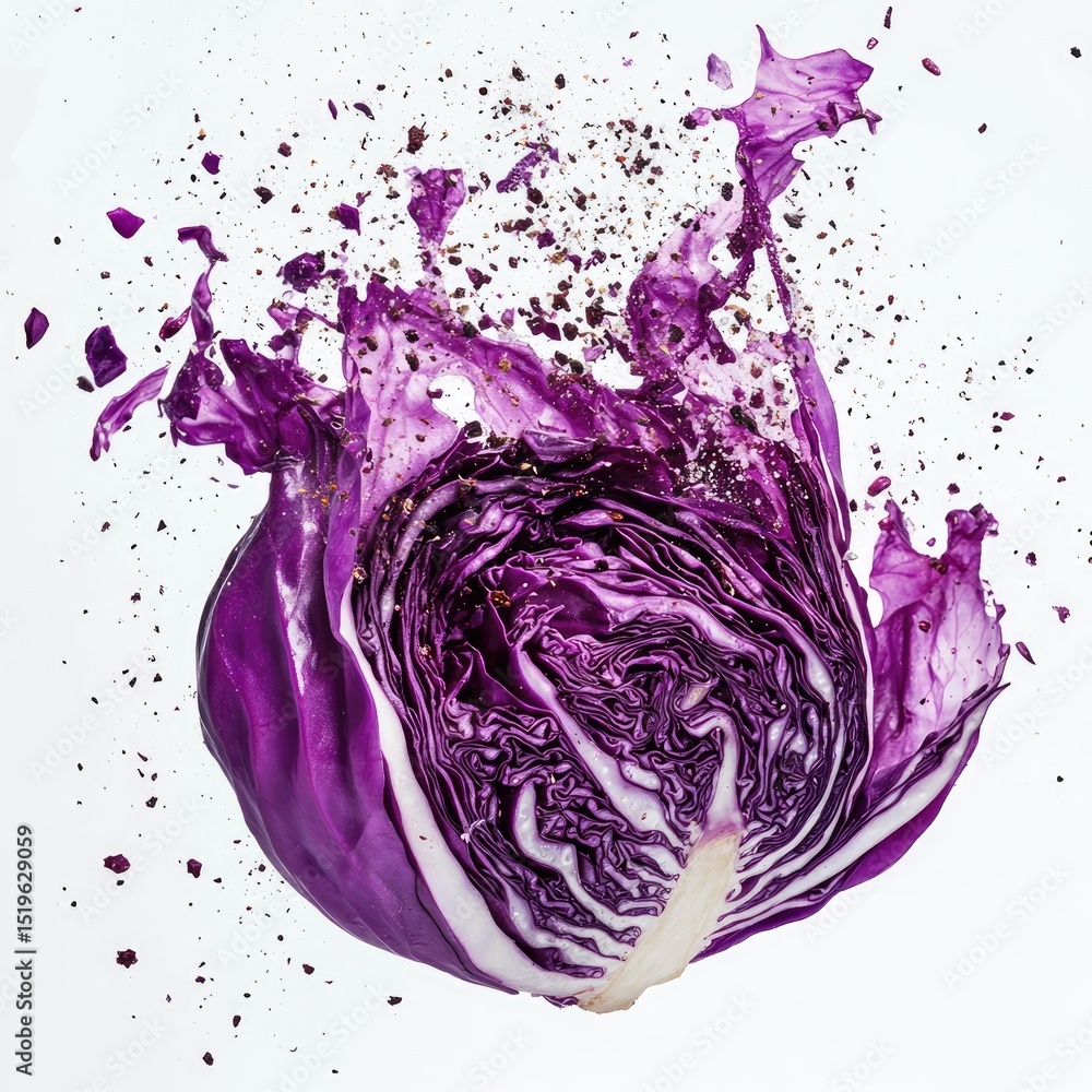 Poster hyperdetailed red cabbage splash caught in air, showcasing vibrant colors and dynamic movement, crea