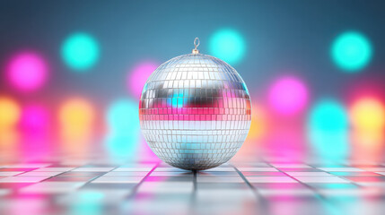 Obraz premium Retro disco ball with vibrant colorful lights reflecting on shiny tiled floor creating festive party atmosphere