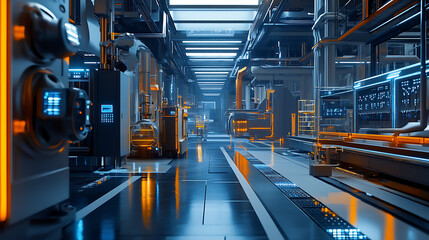 
A large industrial building with a long hallway and a lot of pipes
