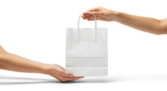 White Paper Shopping Bag Exchange Between Two Hands