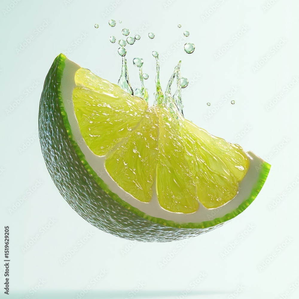 Poster hyperrealistic lime wedge is suspended mid air, surrounded by droplets of water, creating refreshing