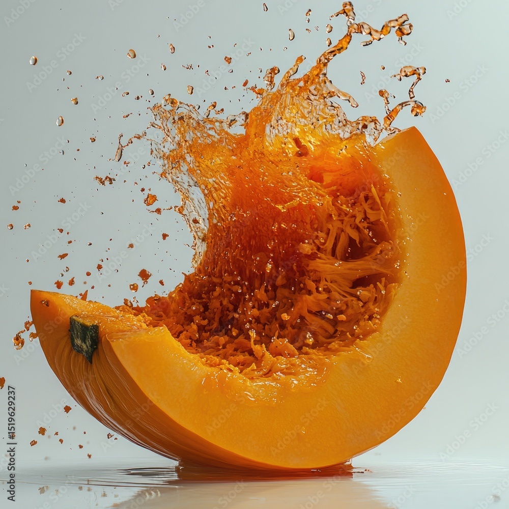 Poster hyperrealistic pumpkin slice is captured mid air, surrounded by splash of juice, creating dynamic an