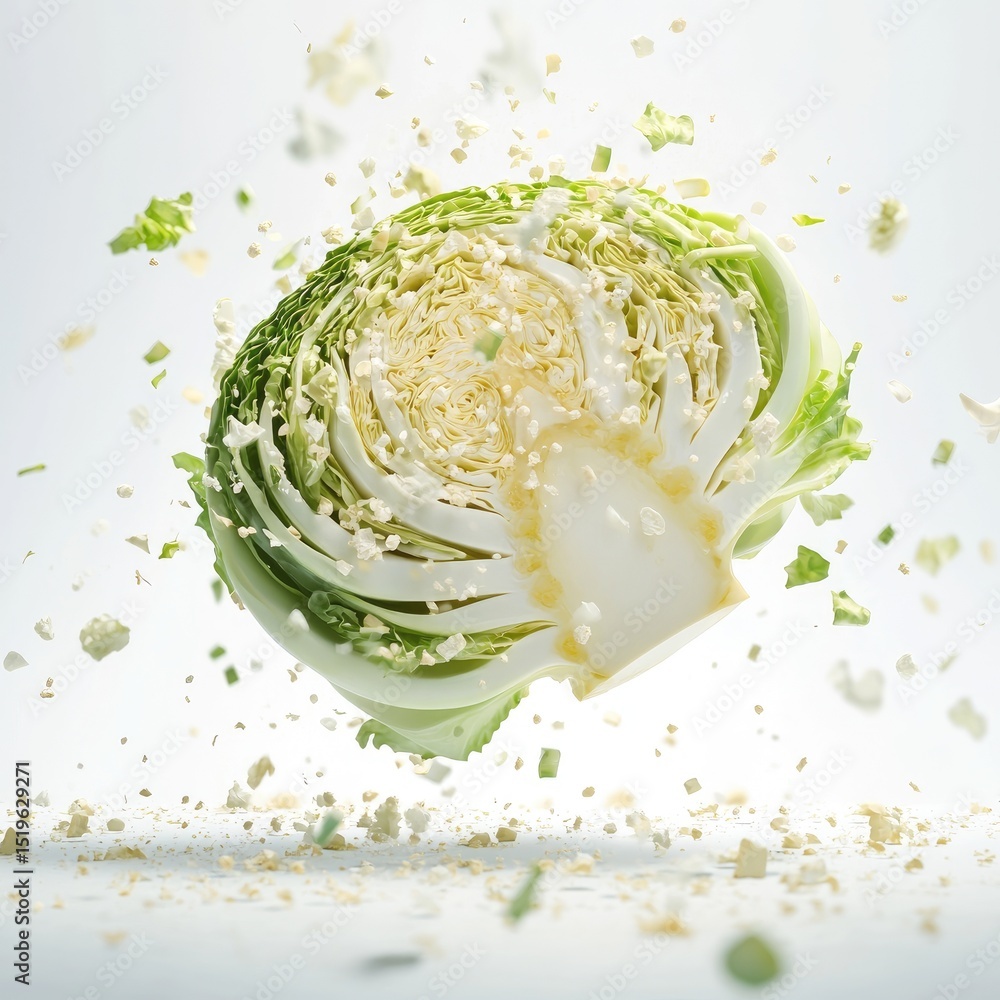 Poster hyperrealistic macro of cabbage slice suspended in mid air, showcasing its intricate layers and text