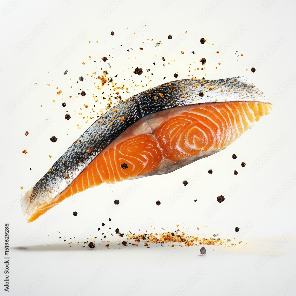 Poster hyperrealistic salmon fillet flying midair with spices and seasoning, showcasing vibrant colors and 