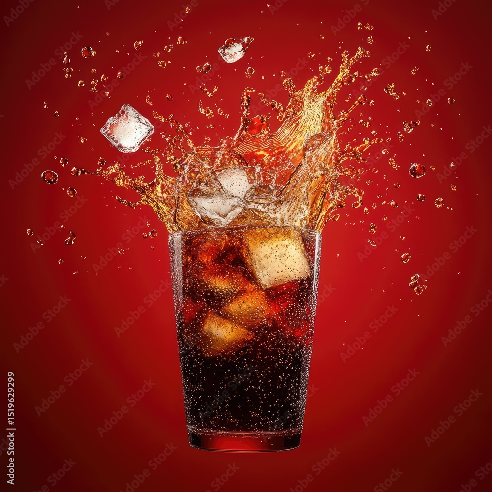 Poster hyperrealistic splash of iced beverage creates dynamic scene, showcasing refreshing drink with ice c