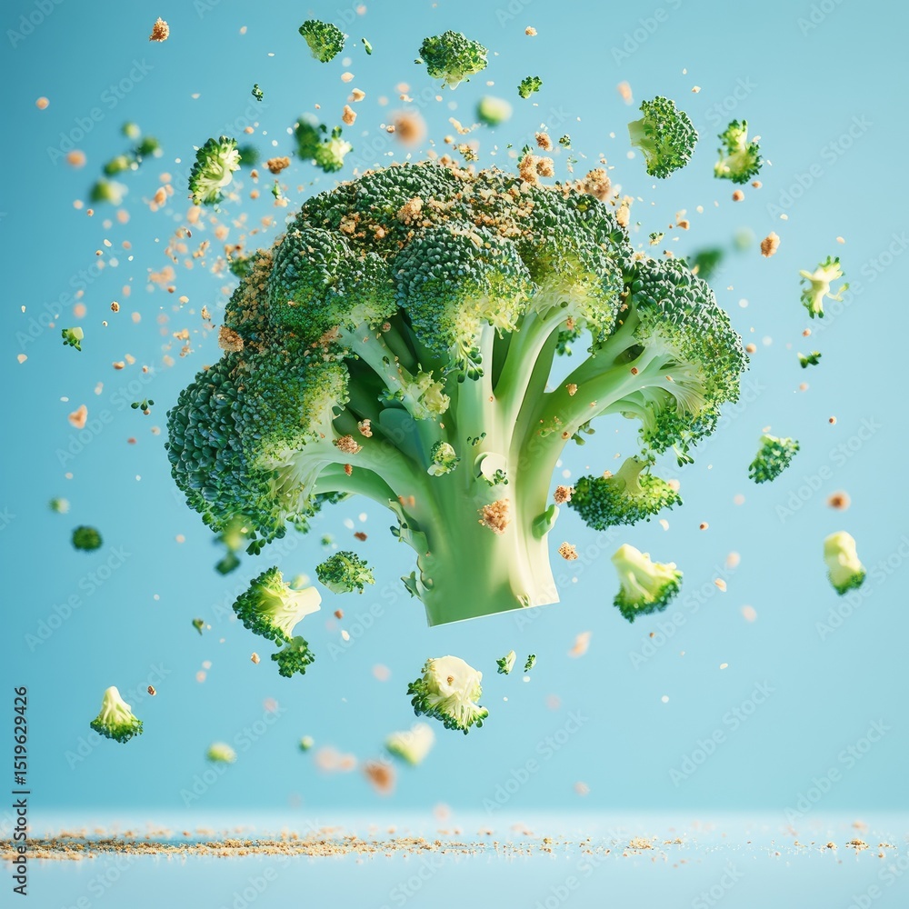 Poster isolated broccoli floret flying through air, surrounded by small pieces and crumbs, creating dynamic