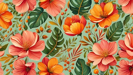 Vibrant Tropical Floral Pattern Seamless Design with Lush Orange and Pink Flowers and Monstera Leaves