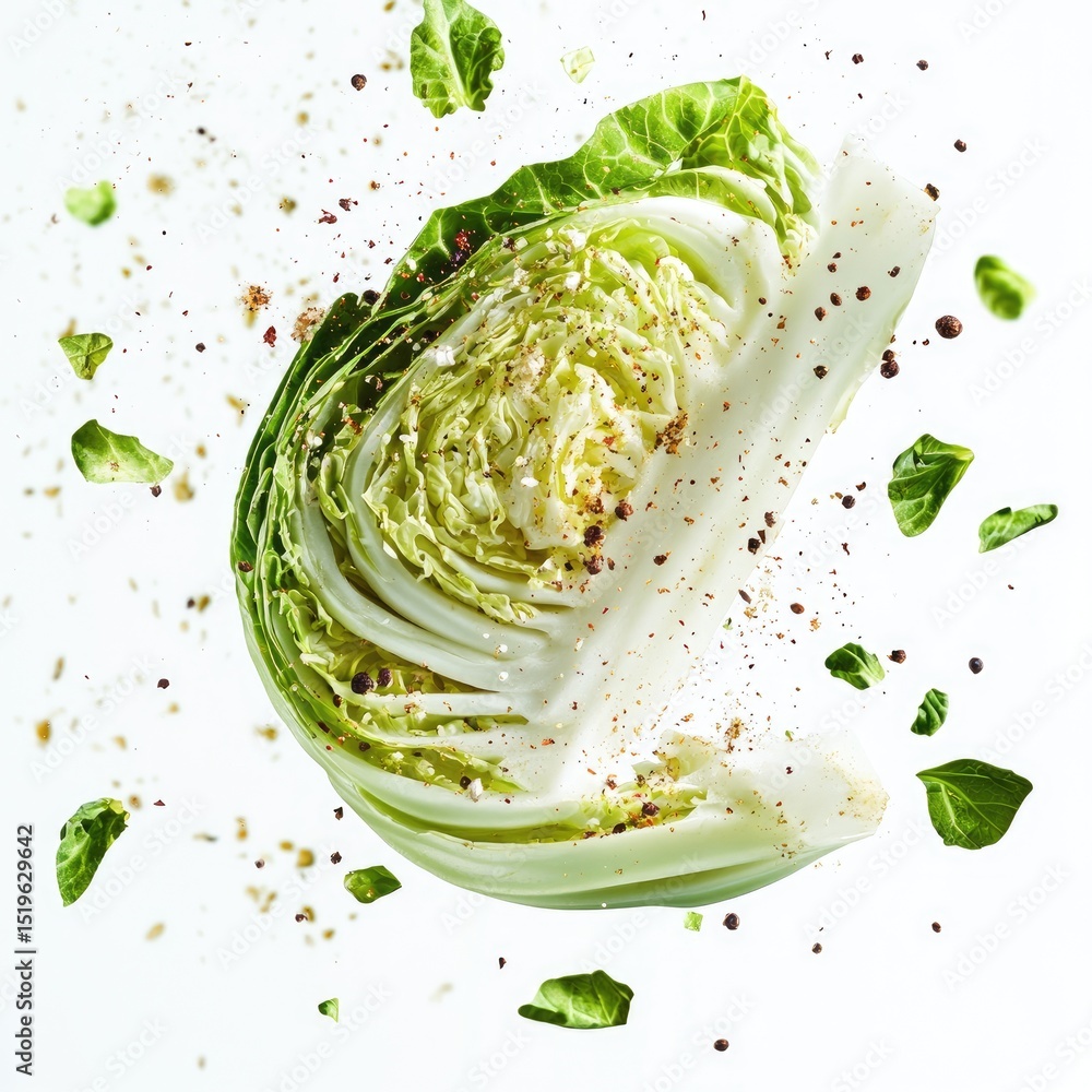 Poster fresh leafy cabbage slice in mid air surrounded by spices and splashes, creating vibrant and dynamic
