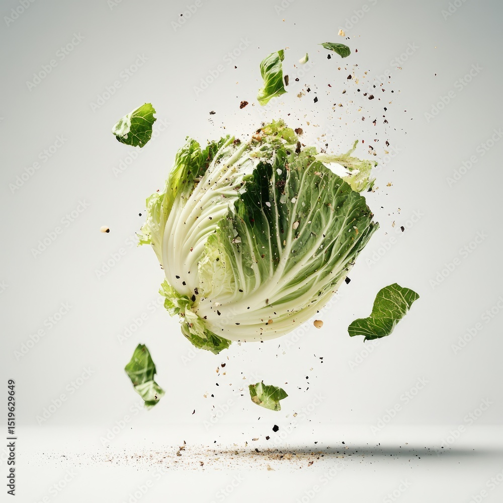 Poster cabbage floating in mid air, surrounded by flying pieces and particles, creates dynamic and visually