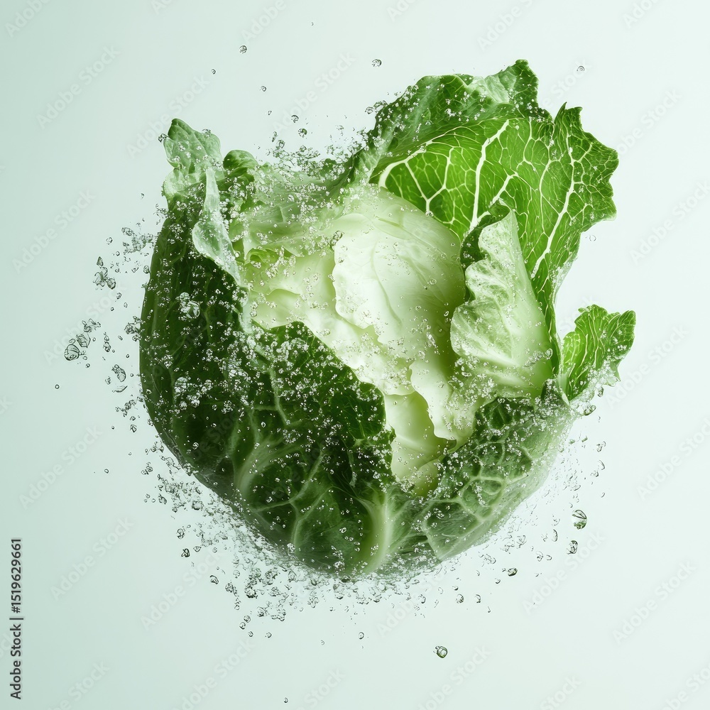 Poster levitating green cabbage leaf frozen in motion with water droplets creating dynamic and refreshing v