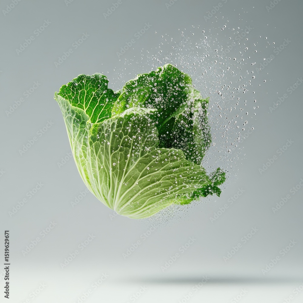 Poster levitating green cabbage leaf frozen in motion with water droplets creating refreshing and vibrant a